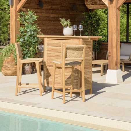 VALERIA Set of 2 Beige Synthetic Rattan Teak Garden Bar Stools