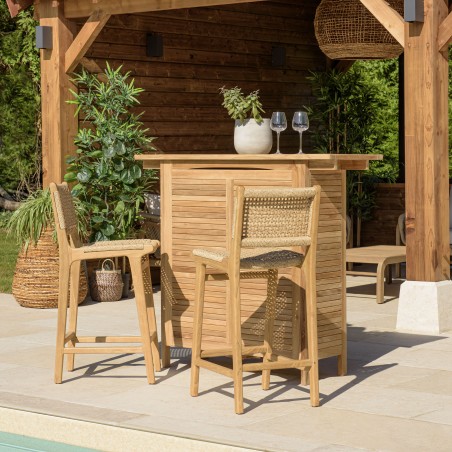 VALERIA Set of 2 Beige Synthetic Rattan Teak Garden Bar Stools