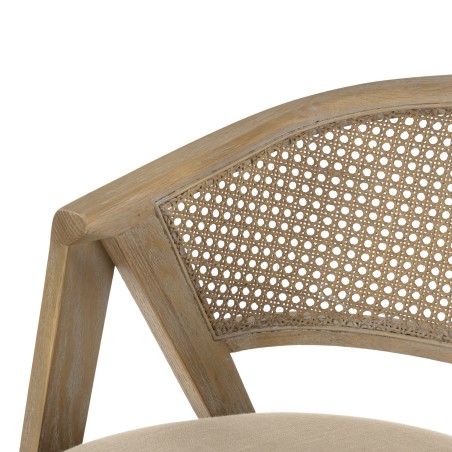 PIERRE Wooden Chair with Linen-Colored Fabric Seat and Natural Rattan Backrest