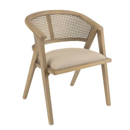 Chaise en bois PIERRE - Assise tissu lin et dossier rotin naturel