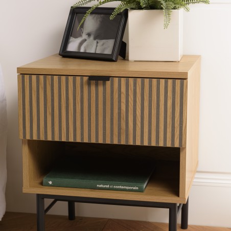 SCOTT Bedside Table with 1 Drawer in Black and Natural Wood Effect