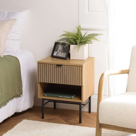 SCOTT Bedside Table with 1 Drawer in Black and Natural Wood Effect