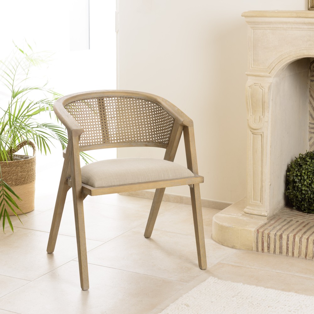 PIERRE Wooden Chair with Linen-Colored Fabric Seat and Natural Rattan Backrest PIERRE Wooden Chair with Linen-Colored Fabric Seat and Natural Rattan Backrest