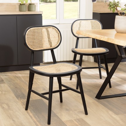Lot 2 chaises bois noir et rotin naturel
