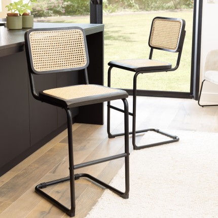 PIERRE Set of 2 Black Wood & Rattan Island Stools