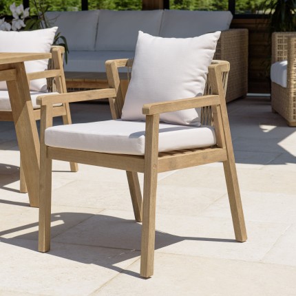 CELESTIN - Set of 2 Acacia/Synthetic Rope Armchairs, Beige with Grey Cushions