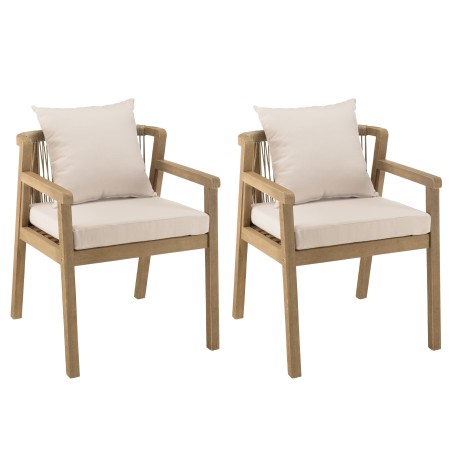 CELESTIN - Set of 2 Acacia/Synthetic Rope Armchairs, Beige with Grey Cushions