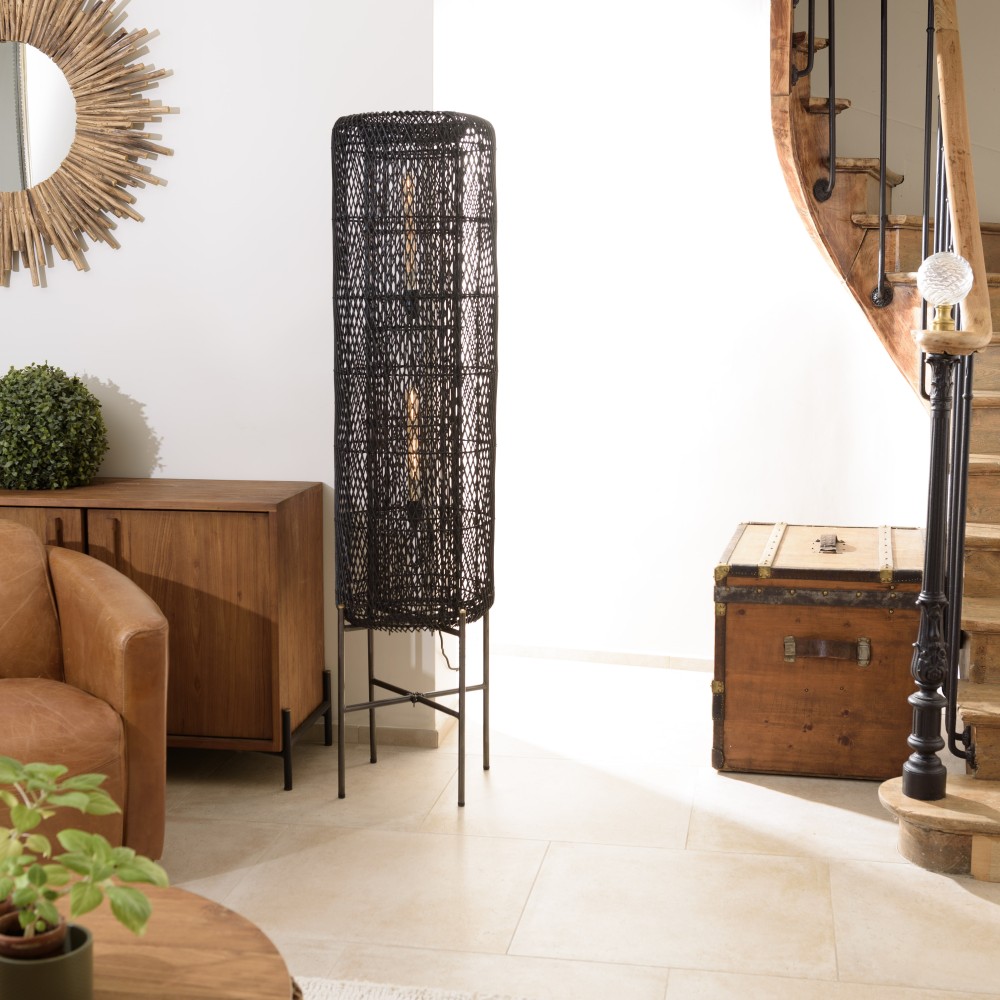 SIXTINE Floor Lamp 39x39cm Black Rattan with Steel Legs SIXTINE Floor Lamp 39x39cm Black Rattan with Steel Legs