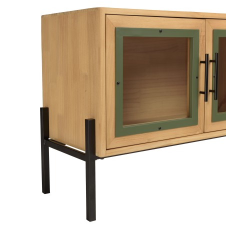 Helena TV Stand with 4 Glass Doors - Green Pine Frame & Black Metal