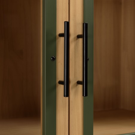 Vaisselier HELENA - 2 portes vitrées - Encadrement vert pin et métal noir