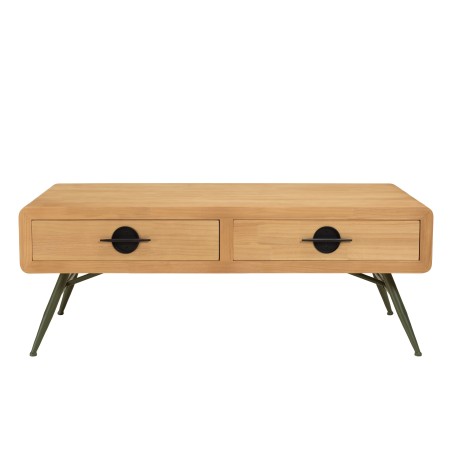 HELENA Coffee Table with 2 Drawers - Natural Pine and Green Metal Legs