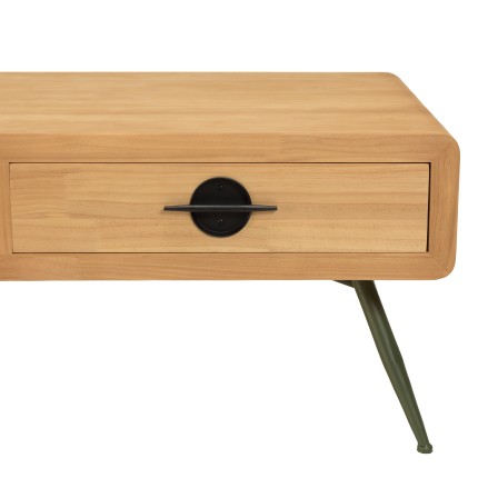 Table basse HELENA - Pin naturel 2 tiroirs métal vert