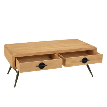 HELENA Coffee Table with 2 Drawers - Natural Pine and Green Metal Legs