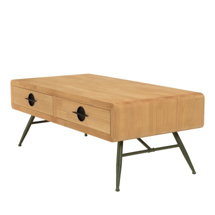 Table basse HELENA - Pin naturel 2 tiroirs métal vert