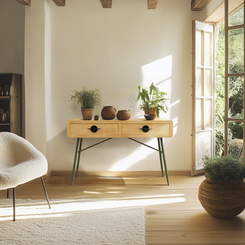 HELENA Console Table with 2 Drawers | Natural Pine & Green Metal Legs HELENA Console Table with 2 Drawers | Natural Pine & Green Metal Legs