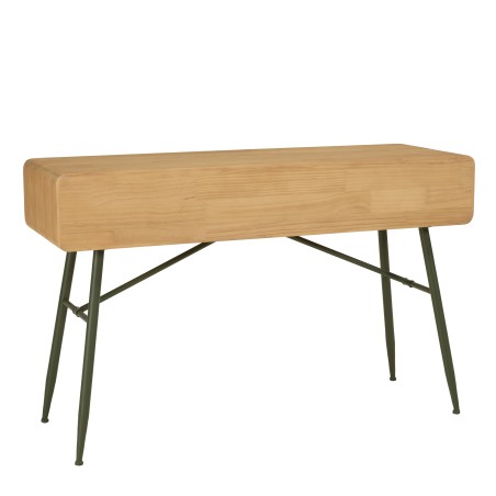 HELENA Console Table with 2 Drawers | Natural Pine & Green Metal Legs