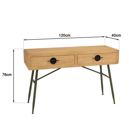HELENA Console Table with 2 Drawers | Natural Pine & Green Metal Legs