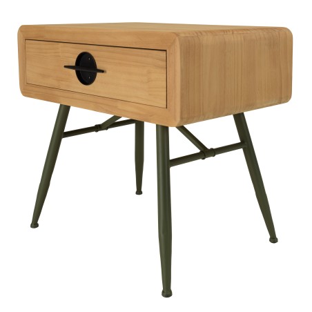 HELENA Bedside Table - Natural Pine with Green Metal Legs
