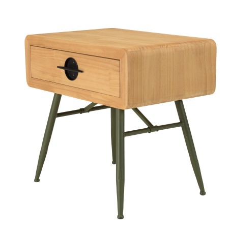 HELENA Bedside Table - Natural Pine with Green Metal Legs