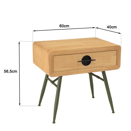 HELENA Bedside Table - Natural Pine with Green Metal Legs