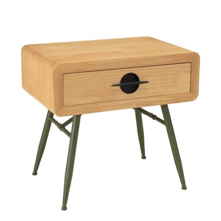HELENA Bedside Table - Natural Pine with Green Metal Legs
