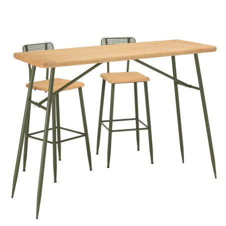 HELENA Bar Set - Pine & Green Metal - 1 Bar + 2 Stools