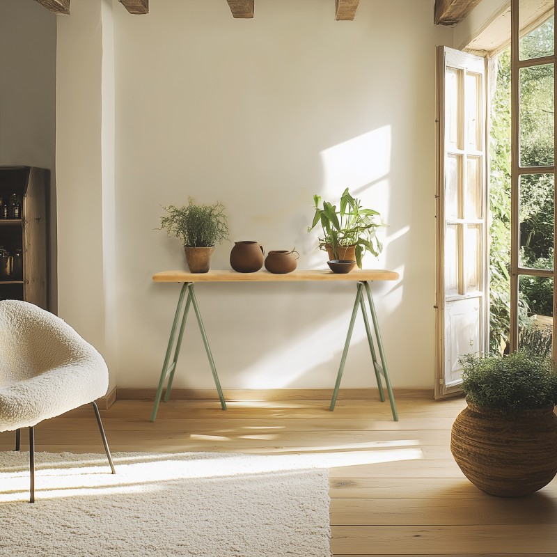 HELENA Console Table - Pine Top & Green Metal Trestle Legs HELENA Console Table - Pine Top & Green Metal Trestle Legs
