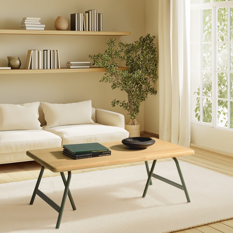 HELENA Coffee Table - Pine Top & Green Metal Trestle Legs HELENA Coffee Table - Pine Top & Green Metal Trestle Legs
