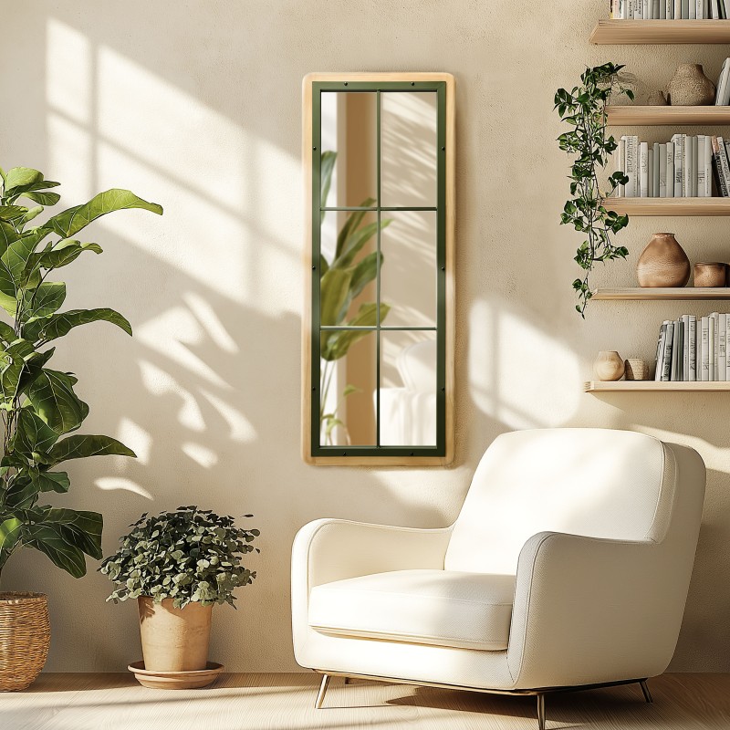 HELENA - Rectangular Glass Roof Style Mirror in Pine and Green Metal