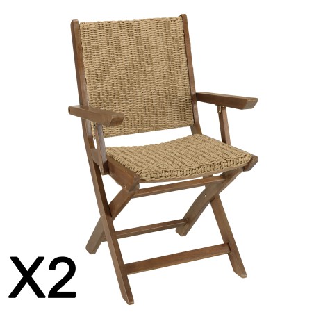 Lot de 2 fauteuils pliants VICTOIRE - Acacia huilé et rotin synthétique