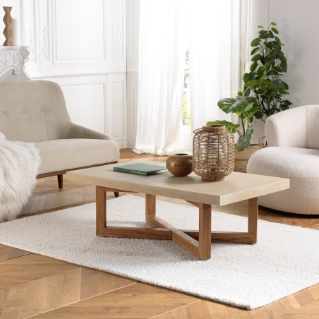 Table basse en béton beige pieds croisés en teck - DAK - 120x170 cm