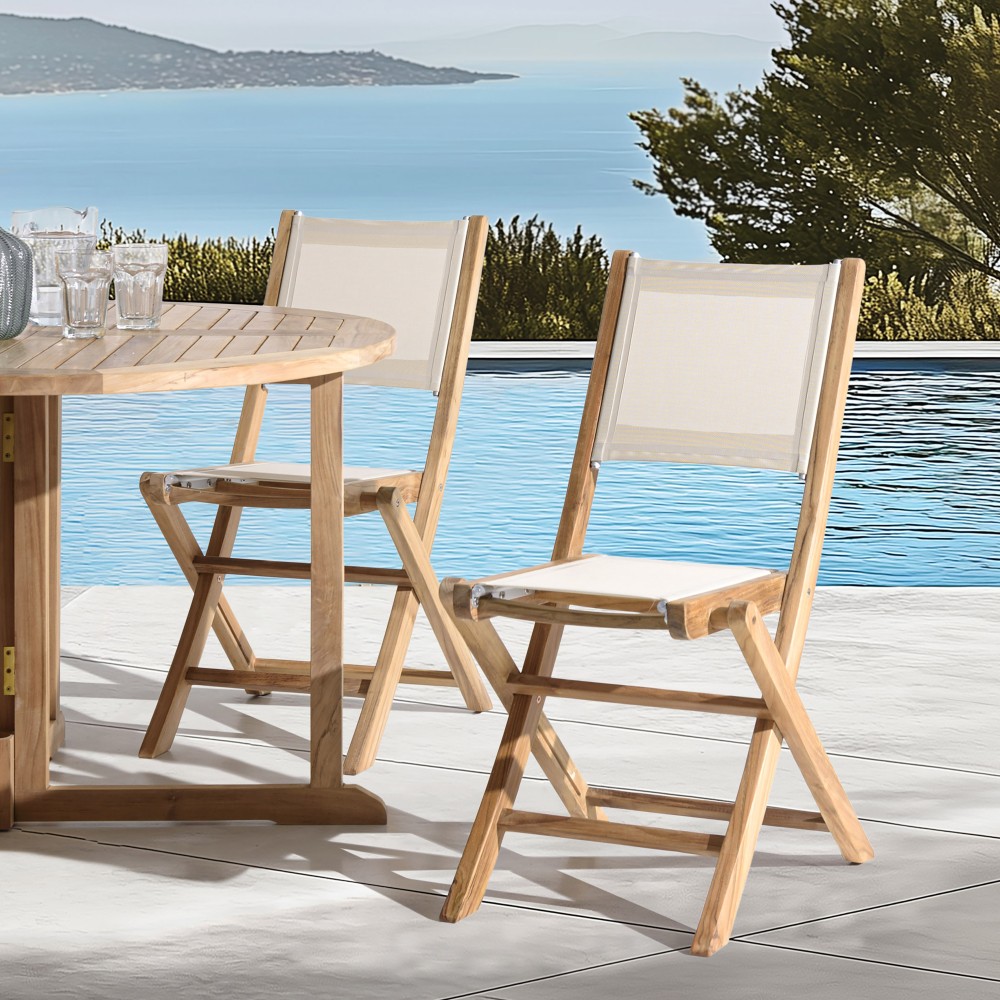Set of 2 beige textilene folding chairs | FUN Set of 2 beige textilene folding chairs | FUN