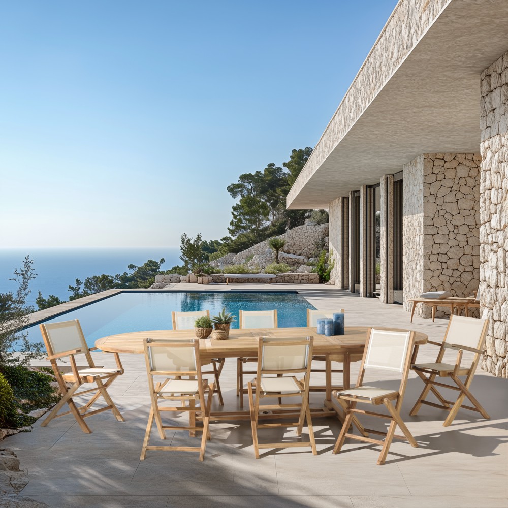 HARRIS - Lot No. 159 Teak and textilene garden furniture for 10/12 people HARRIS - Lot No. 159 Teak and textilene garden furniture for 10/12 people