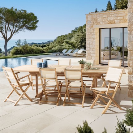 Teak and textilene garden set for 10 to 12 people