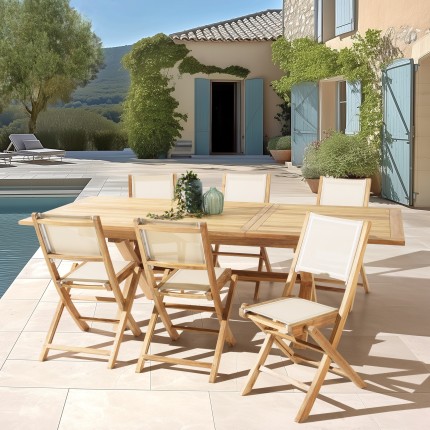 Teak and textilene garden set for 8/10 people FUN
