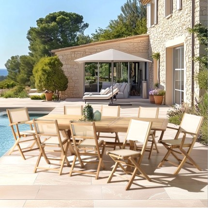 Teak and textilene garden set for 12 people