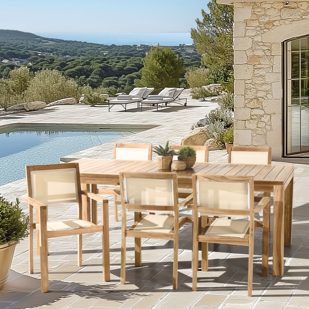 Teak and textilene garden set for 8–10 people Teak and textilene garden set for 8–10 people
