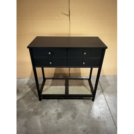SECONDE MAIN - Console noire 4 tiroirs 1 étagère effet cannage