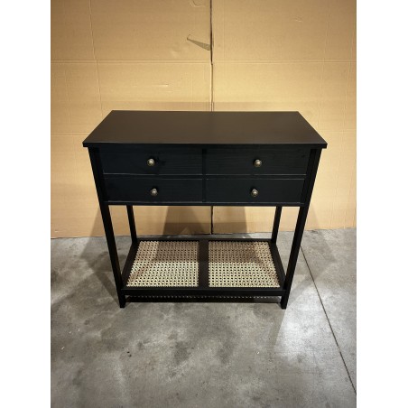 SECONDE MAIN - Console noire 4 tiroirs 1 étagère effet cannage