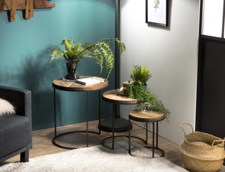 SECOND HAND - Set of 3 Round Brown Side Tables - Recycled Teak Acacia Mahogany Black Metal Legs SIXTINE