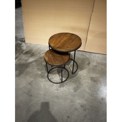 SIXTINE Set of 3 Round Brown Side Tables - Recycled Teak Acacia Mahogany Black Metal Legs