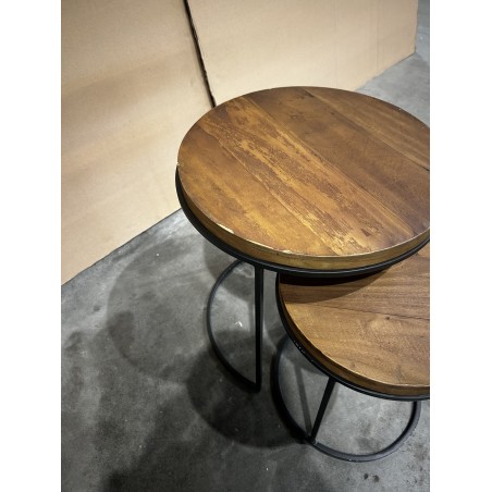 SECOND HAND - Set of 3 Round Brown Side Tables - Recycled Teak Acacia Mahogany Black Metal Legs SIXTINE