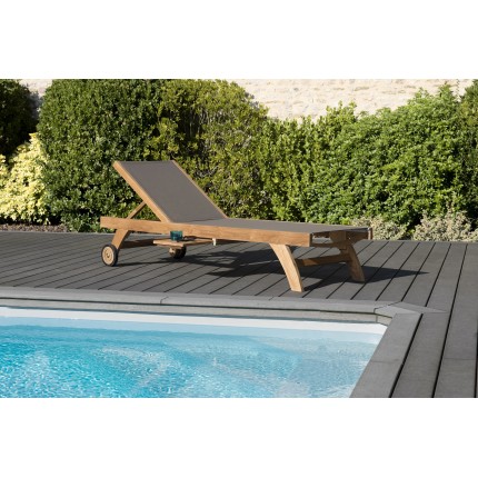 SECONDE MAIN - Bain de soleil textilène couleur taupe en bois Teck