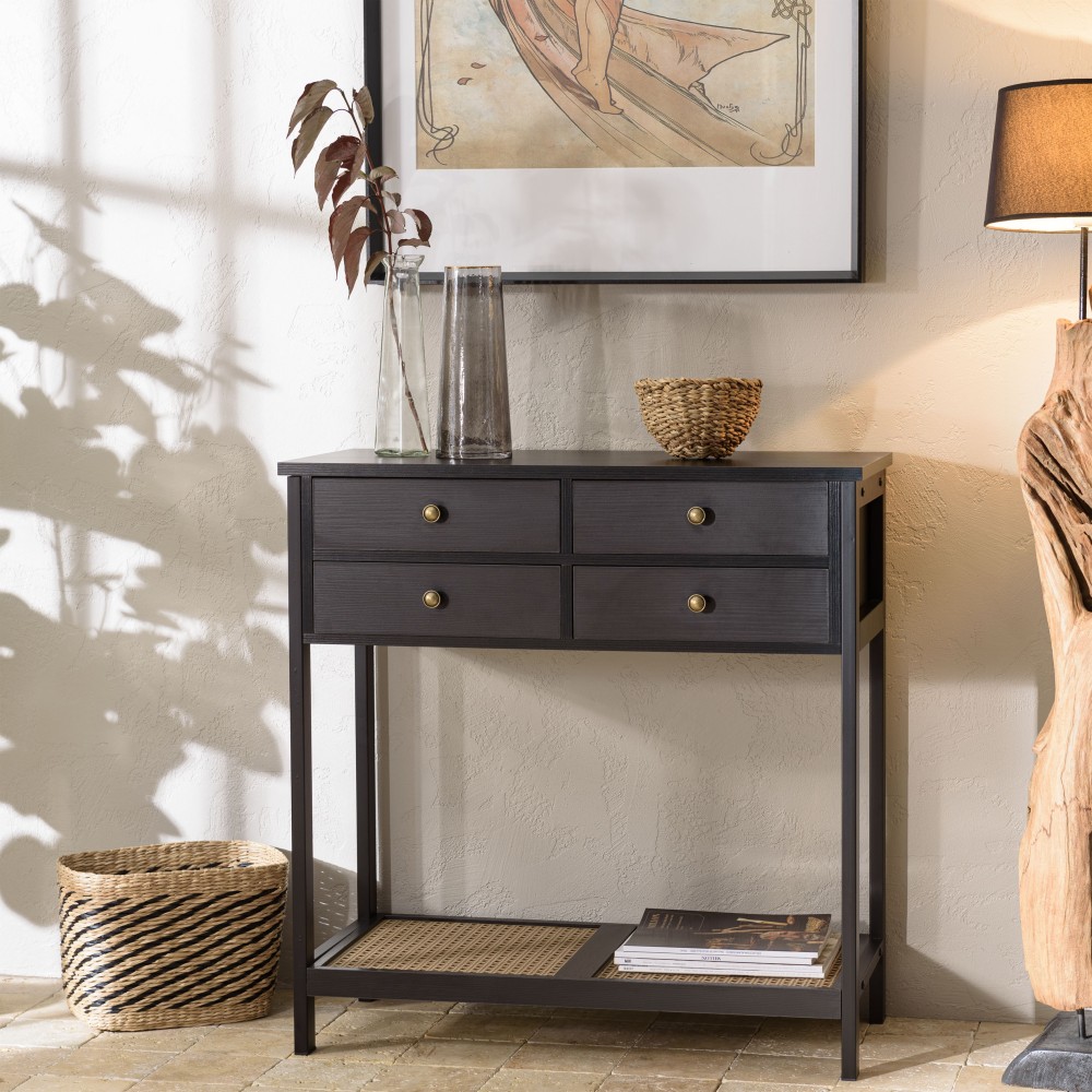 SECOND HAND - Black console table with 4 drawers and 1 shelf, cane effect SECOND HAND - Black console table with 4 drawers and 1 shelf, cane effect