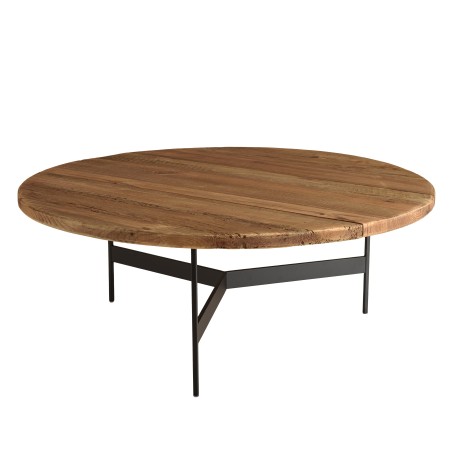 DANDY - Table basse ronde 90x90cm bois Pin recyclé et pieds métal noir