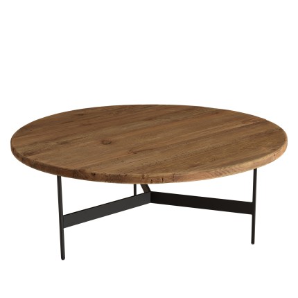 DANDY - Table basse ronde 90x90cm bois Pin recyclé et pieds métal noir
