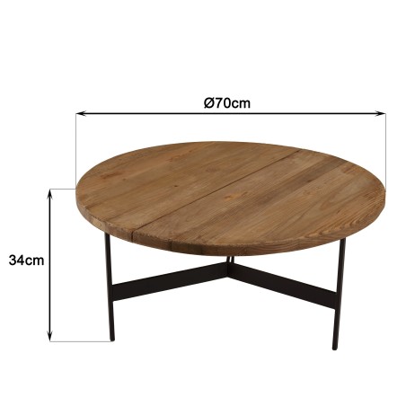 Round coffee table 70x70cm recycled pine wood and black metal legs - DANDY