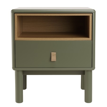 Green bedside table with 1 drawer and 1 shelf in natural wood ETHAN