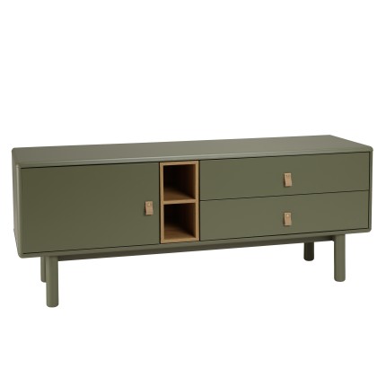 Meuble TV vert 1 porte, 2 tiroirs et 2 niches en bois naturel - ETHAN