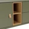 ETHAN - Green TV cabinet with 1 door, 2 drawers and 2 shelves in natural wood